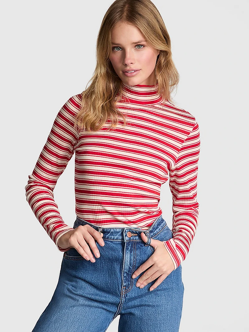 Multi Rib Mock-Neck Long-Sleeve Tee