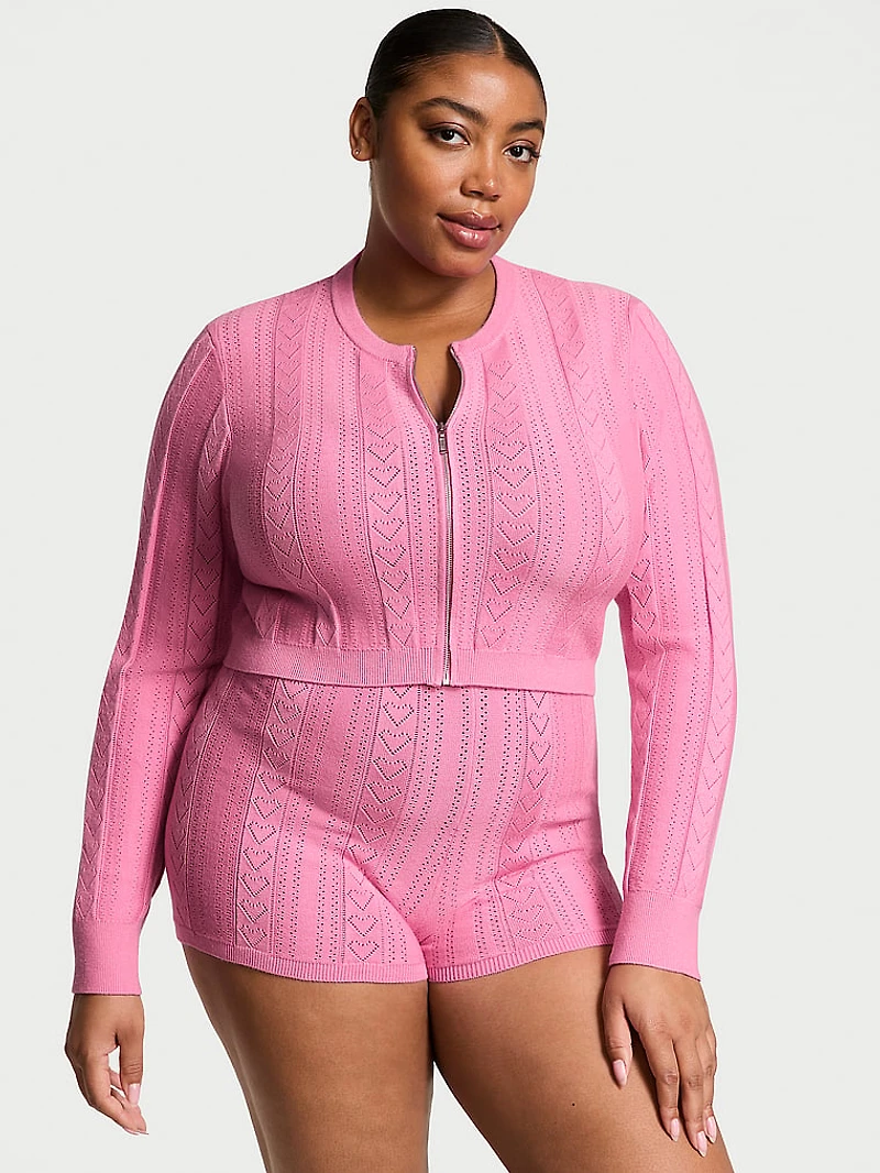 Luxe Heart Pointelle Zip Cardigan