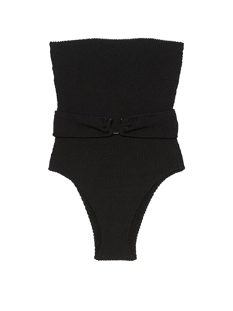 Crinkle Belted Strapless One-Piece Swimsuit