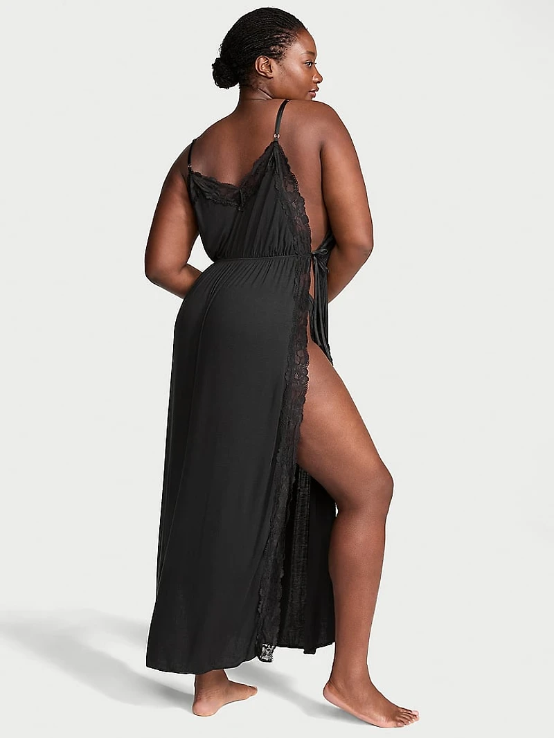 Modal Lace-Trim High-Slit Maxi Slip Dress