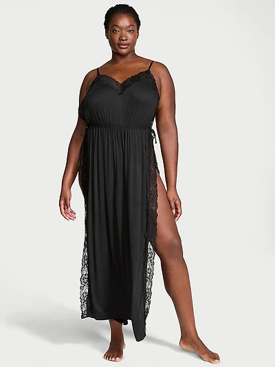 Modal Lace-Trim High-Slit Maxi Slip Dress