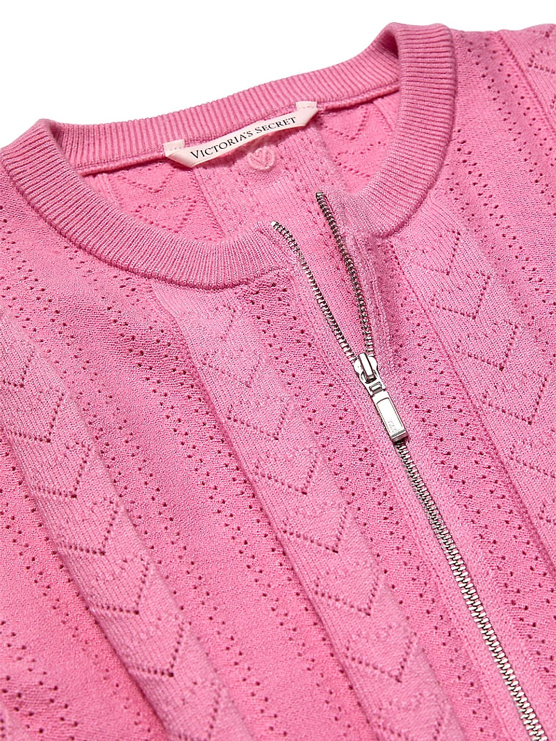 Luxe Heart Pointelle Zip Cardigan