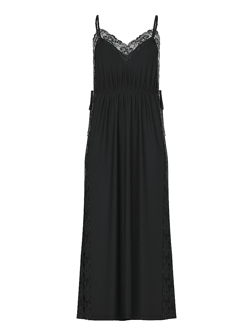 Modal Lace-Trim High-Slit Maxi Slip Dress