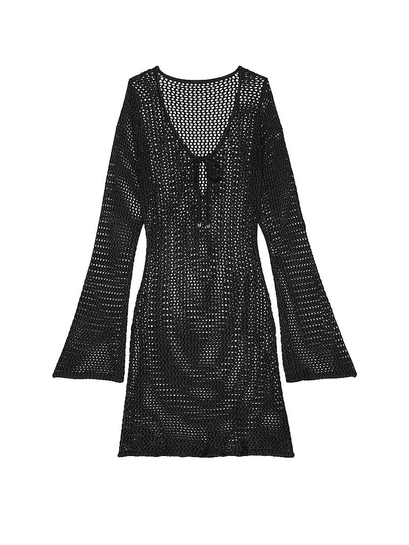 Beachwear Crochet Metallic Long-Sleeve Mini Dress