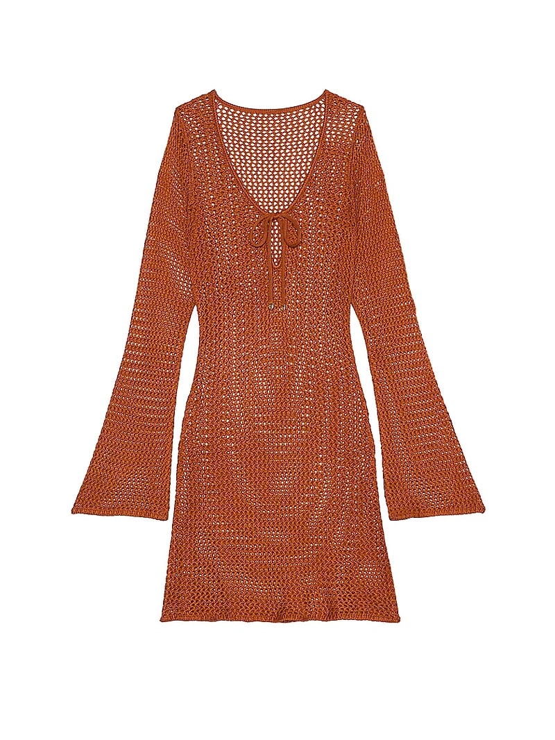 Beachwear Crochet Metallic Long-Sleeve Mini Dress