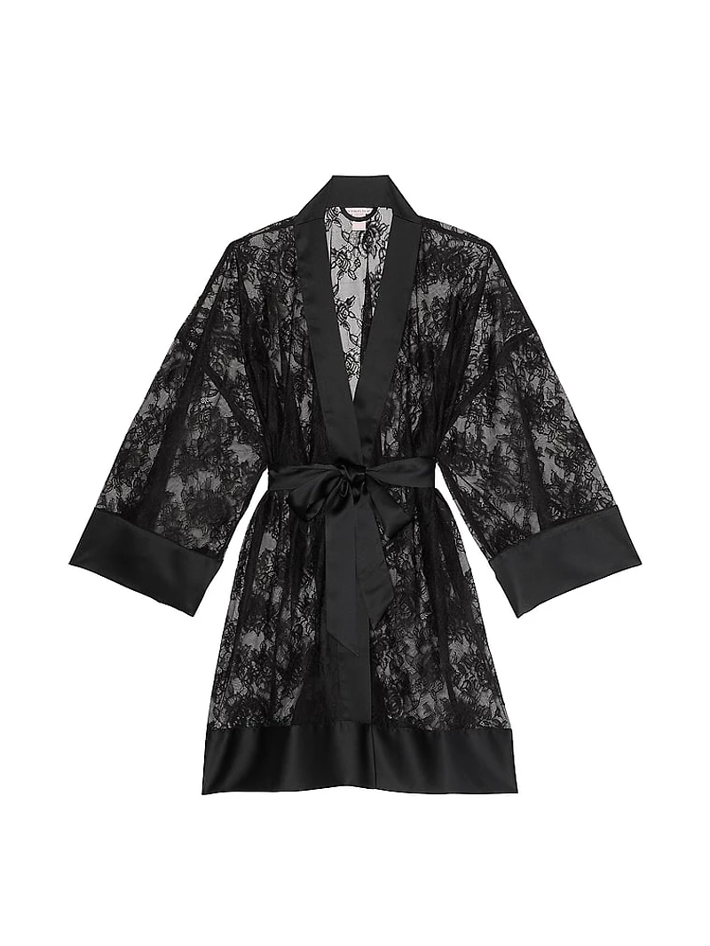 Rose Lace Satin-Trim Short Robe