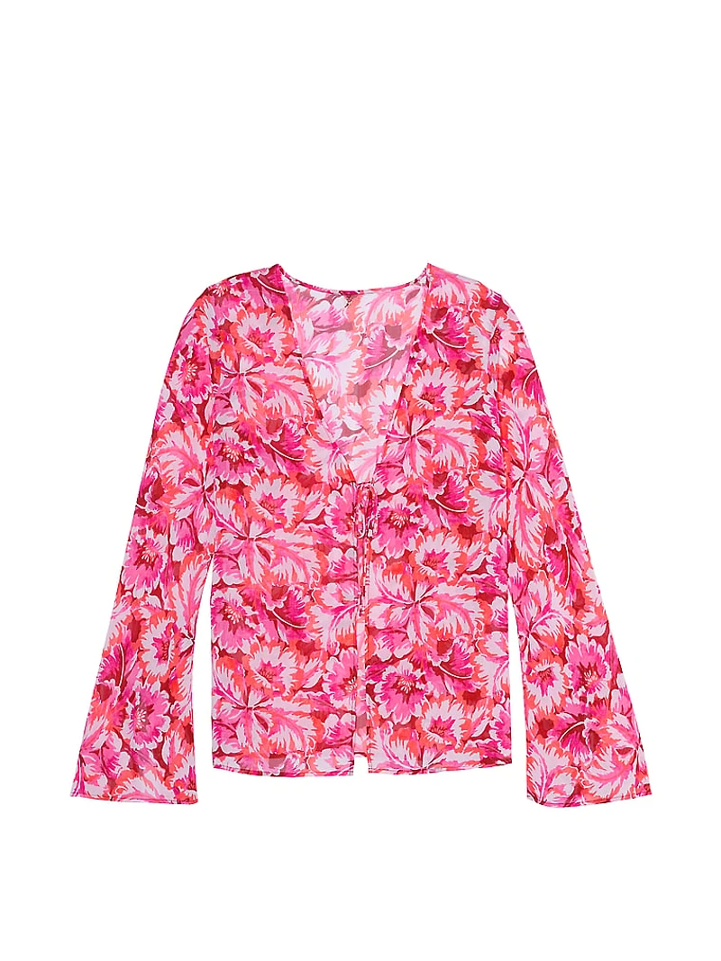 Beachwear Sheer Crinkle Tie-Front Long-Sleeve Top