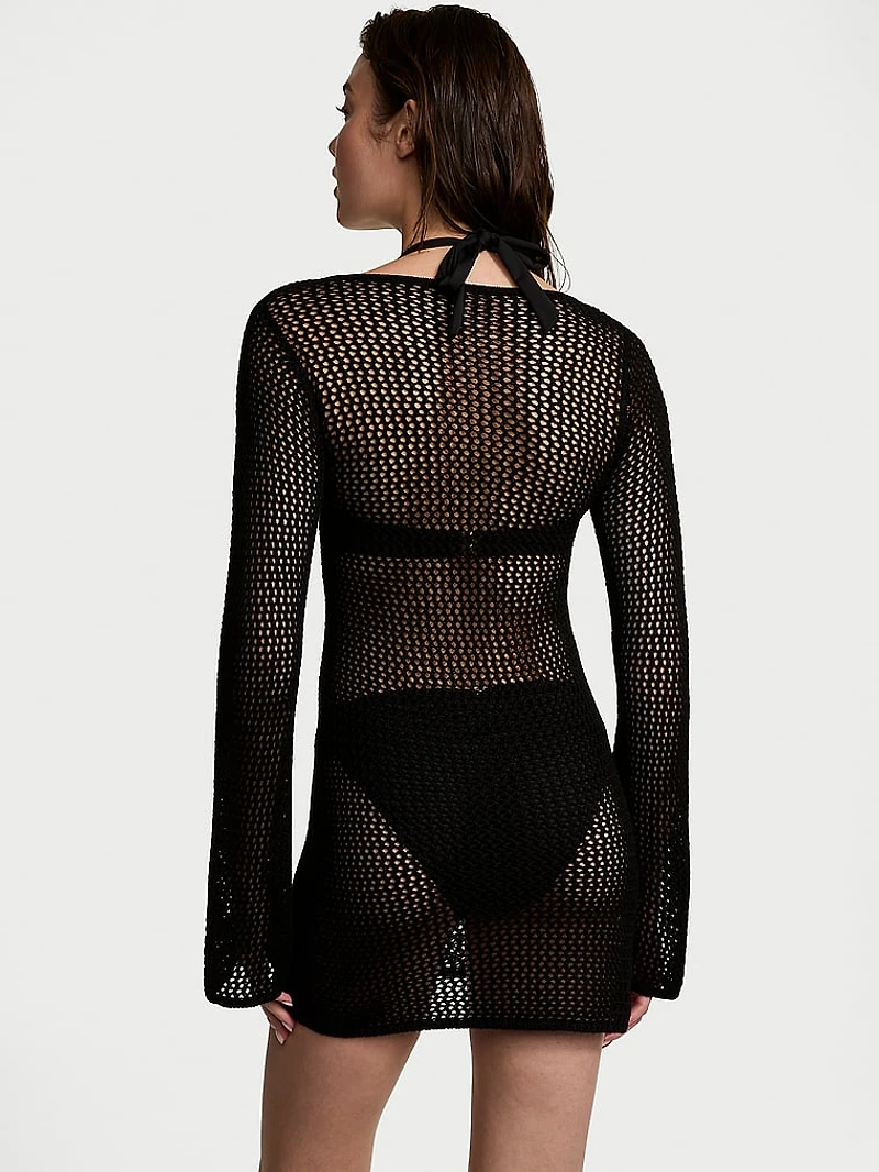 Beachwear Crochet Metallic Long-Sleeve Mini Dress