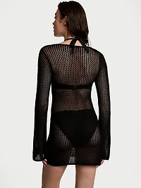 Beachwear Crochet Metallic Long-Sleeve Mini Dress