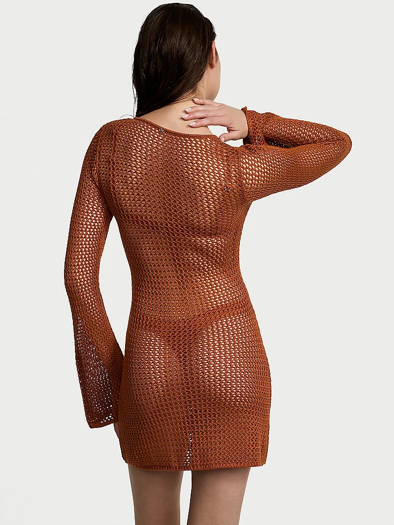 Beachwear Crochet Metallic Long-Sleeve Mini Dress