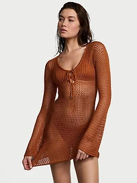 Beachwear Crochet Metallic Long-Sleeve Mini Dress