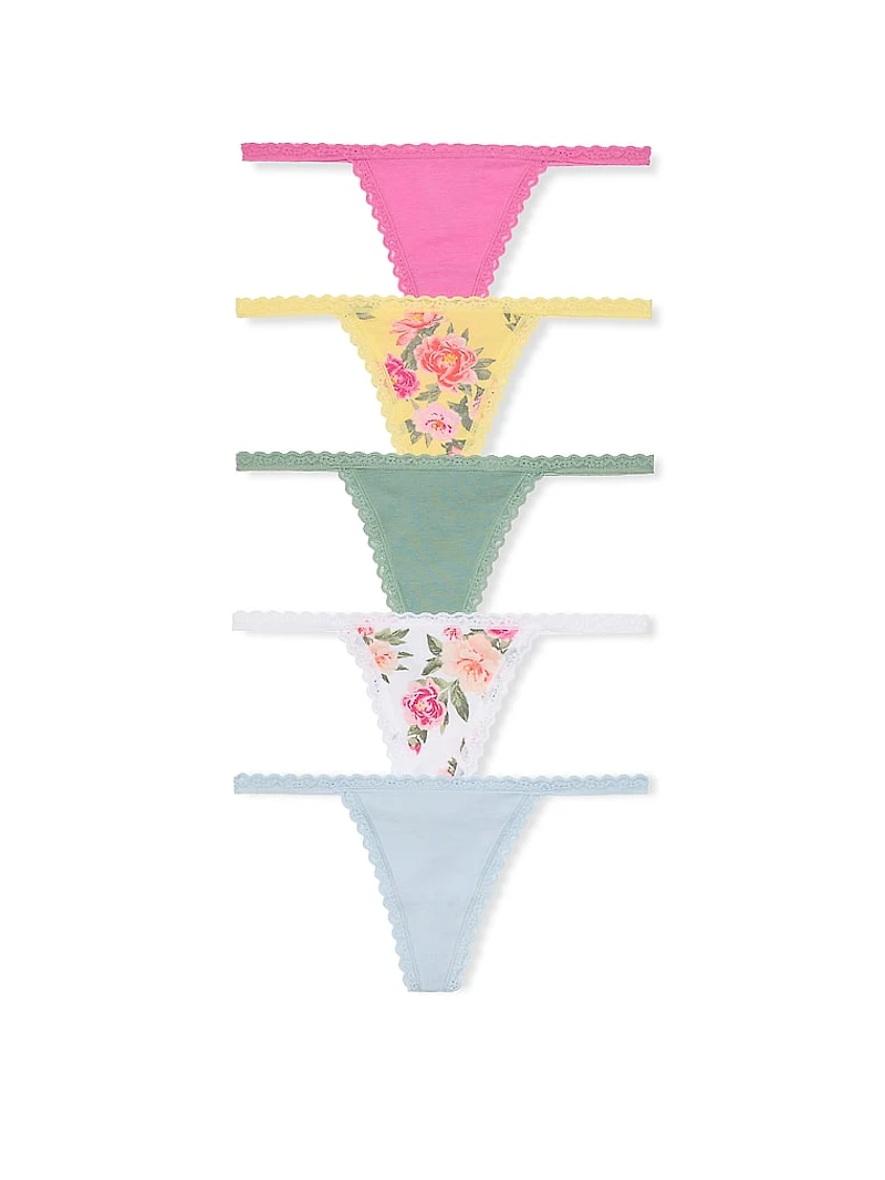 5-Pack Cotton Lace-Trim V-String Panties