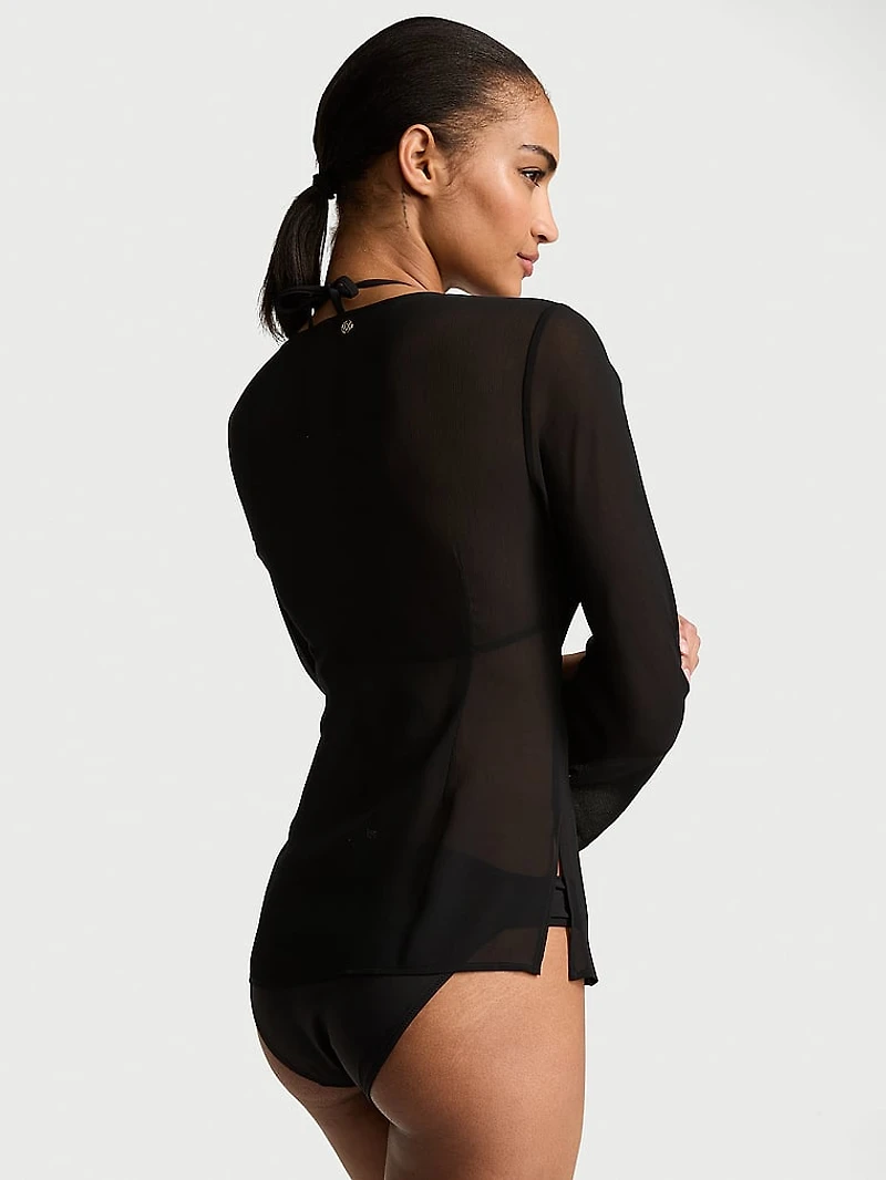 Beachwear Sheer Crinkle Tie-Front Long-Sleeve Top