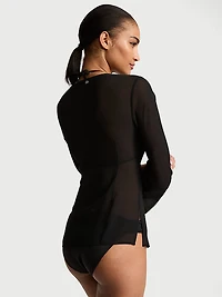 Beachwear Sheer Crinkle Tie-Front Long-Sleeve Top