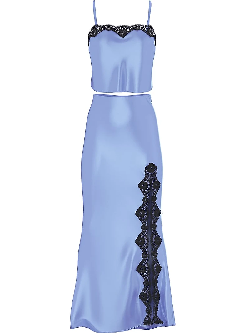 Satin Lace-Trim Cropped Top & Slip Skirt Set