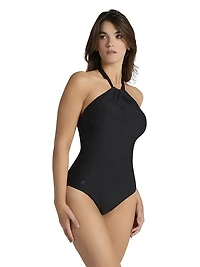 Shiny Plunge Shaping Halter Neck One-Piece Swimsuit