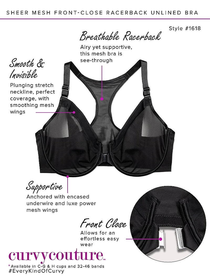 Sheer Mesh Front-Close Racerback Unlined Bra