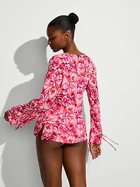 Beachwear Sheer Crinkle Tie-Front Long-Sleeve Top