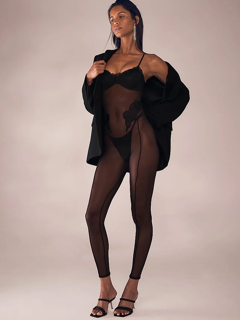 Sheer Rose Lace-Trim Catsuit