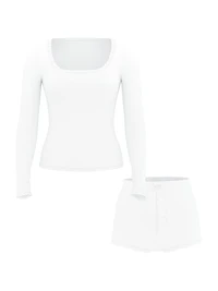 Pointelle Modal Long-Sleeve Scoop Top & Shortie Set