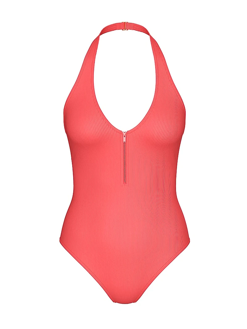 Two-Tone Rib Plunge Zip One-Piece Swimsuit