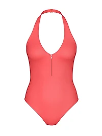 Two-Tone Rib Plunge Zip One-Piece Swimsuit