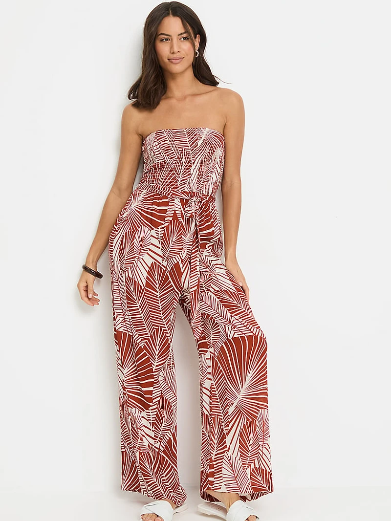 Palm Print Strapless Jumpsuit