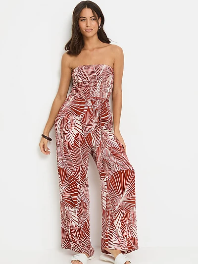 Palm Print Strapless Jumpsuit