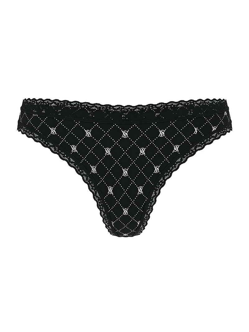Cotton Pointelle Lace-Waist Thong