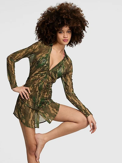 Mesh Ruched Long-Sleeve Shirt Dress