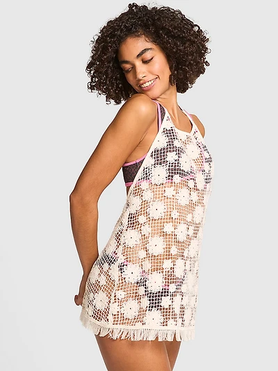 Beach Blooms Crochet Halter Mini Dress