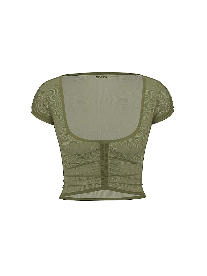 Mesh Ruched Cap-Sleeve Cropped Top
