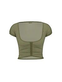 Mesh Ruched Cap-Sleeve Cropped Top