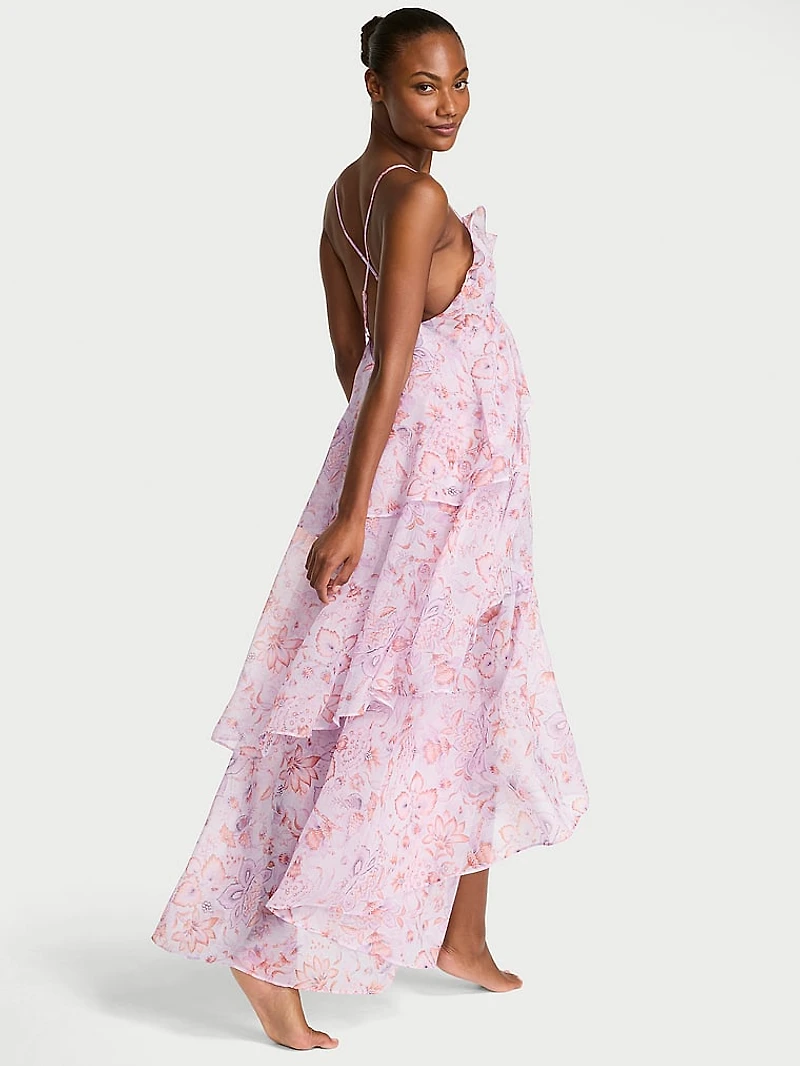 Vintage Blossom Chiffon Ruffled Maxi Dress