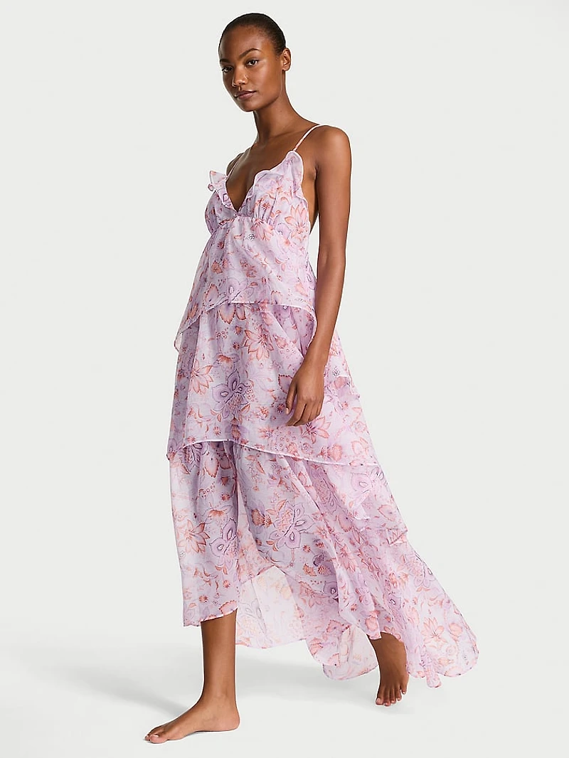 Vintage Blossom Chiffon Ruffled Maxi Dress