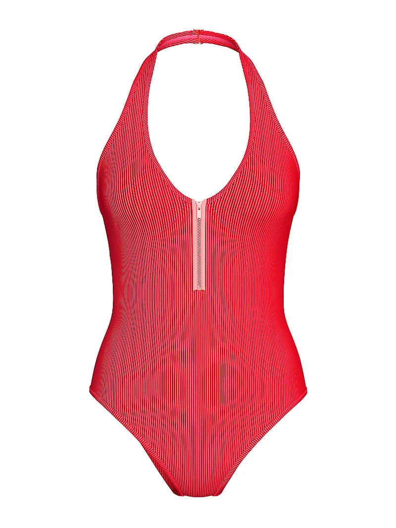 Two-Tone Rib Plunge Zip One-Piece Swimsuit