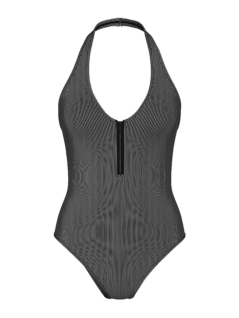 Two-Tone Rib Plunge Zip One-Piece Swimsuit