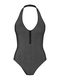 Two-Tone Rib Plunge Zip One-Piece Swimsuit