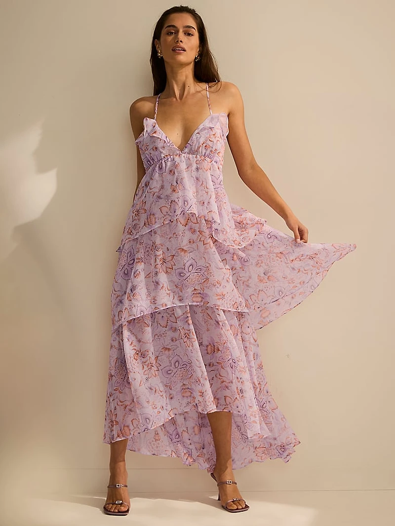 Vintage Blossom Chiffon Ruffled Maxi Dress