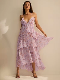Vintage Blossom Chiffon Ruffled Maxi Dress