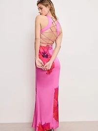 Satin Lace-Up Maxi Dress