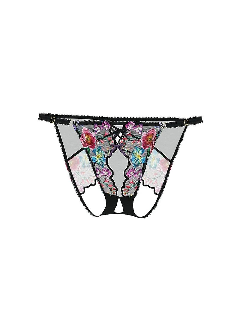 Dark Blossom Embroidery Crotchless Adjustable String Bikini Panty