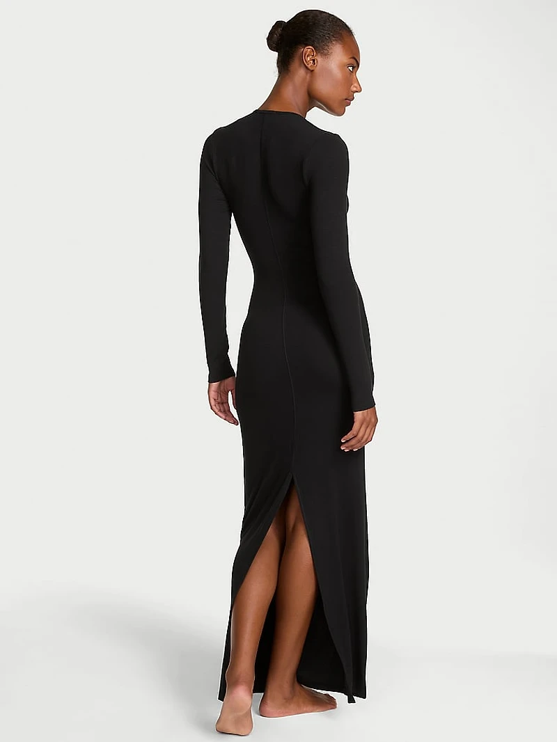 Luxe Ribbed Modal Deep-V Long-Sleeve Maxi Dress