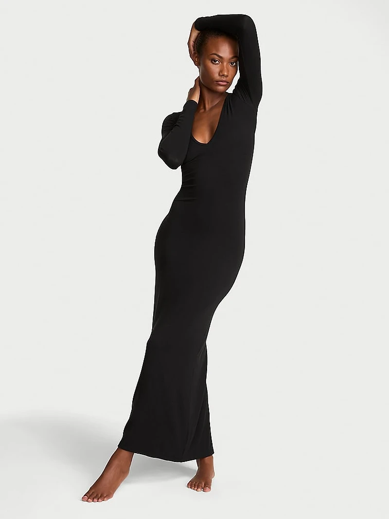 Luxe Ribbed Modal Deep-V Long-Sleeve Maxi Dress