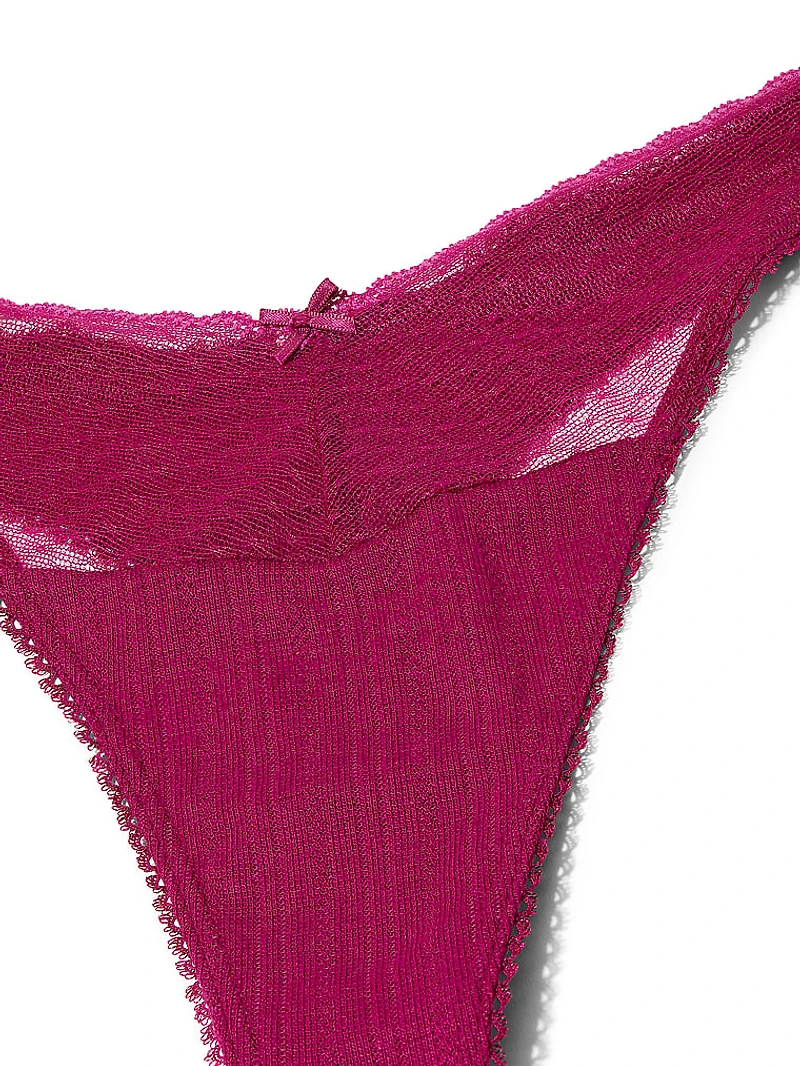 Body by Victoria Stretch Cotton Lace-Trim High-Leg Scoop Thong Panty