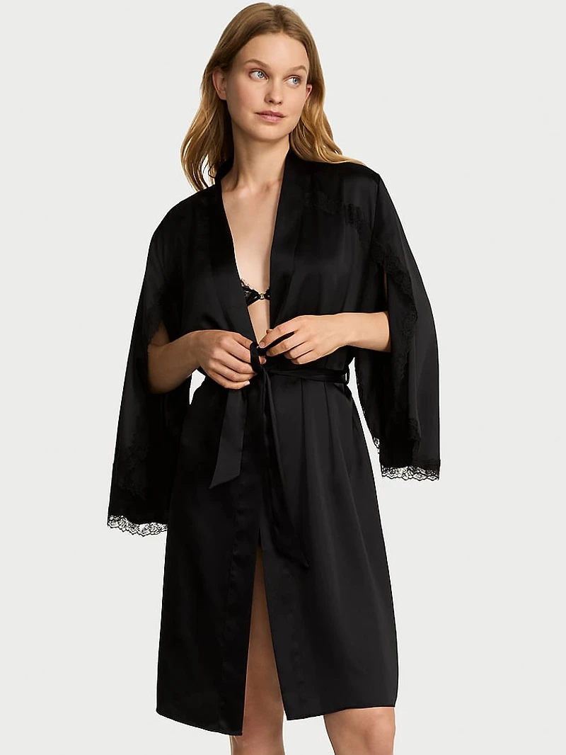 Satin Rose Lace-Trim Midi Robe