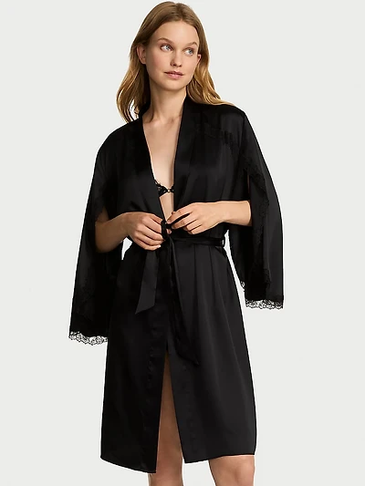 Satin Rose Lace-Trim Midi Robe