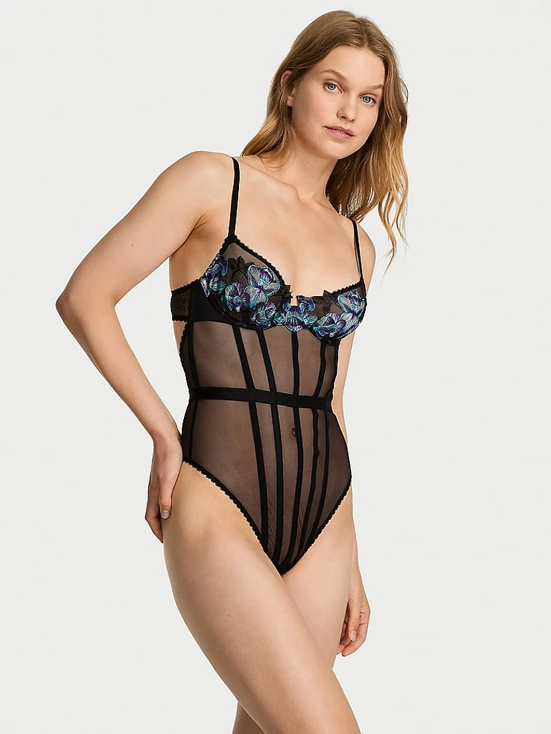 Electric Orchid Embroidery Sheer Bodysuit
