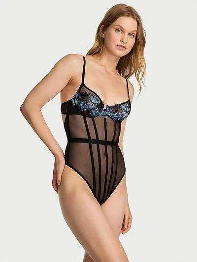 Electric Orchid Embroidery Sheer Bodysuit