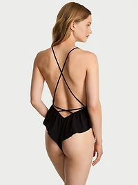 Chiffon Plunge Lace-Up Flutter Romper